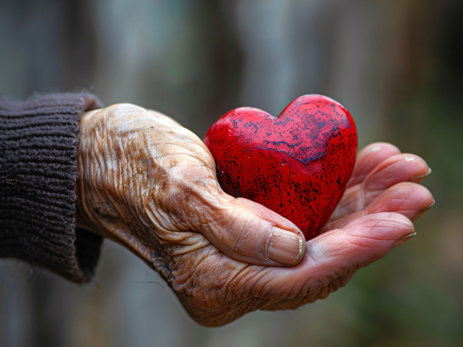 Faltige Hand, die ein rotes Herz hält, emotionaler Ausdruck von Fürsorge.