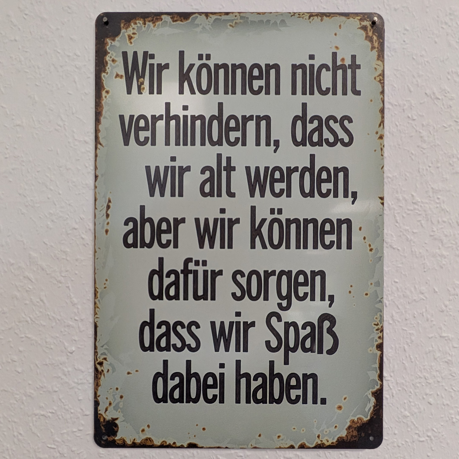 Metallschild mit dem Spruch: Wir können nicht verhindern, dass wir alt werden, aber wir können dafür sorgen, dass wir Spaß dabei haben.