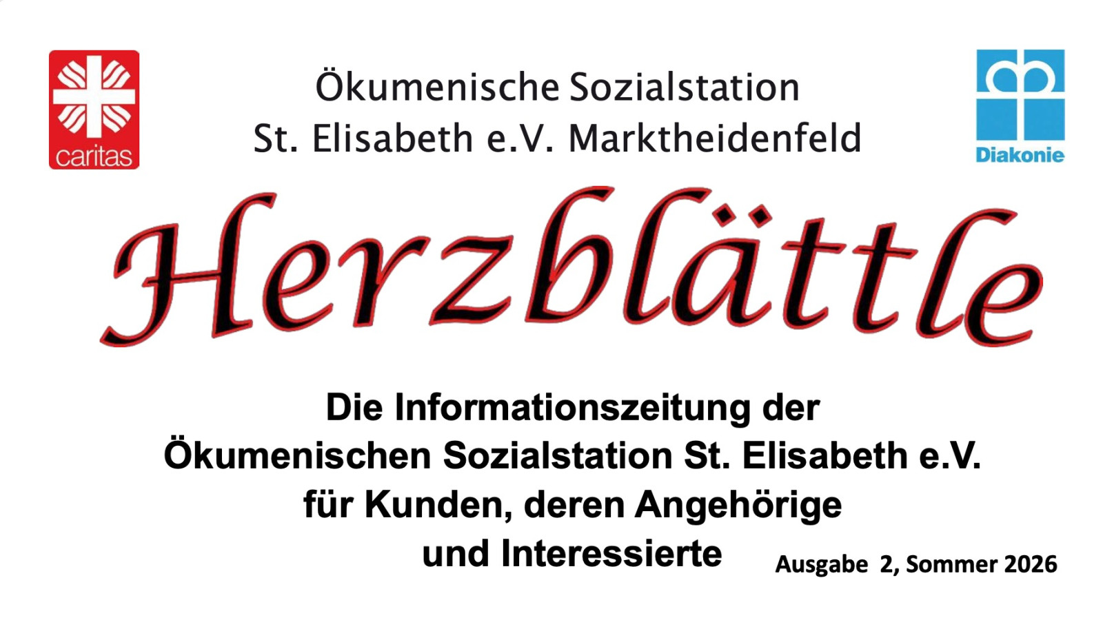 Titelblatt von Herzblättle, Ausgabe 2, Sommer 2026, mit Logos von Caritas und Diakonie.