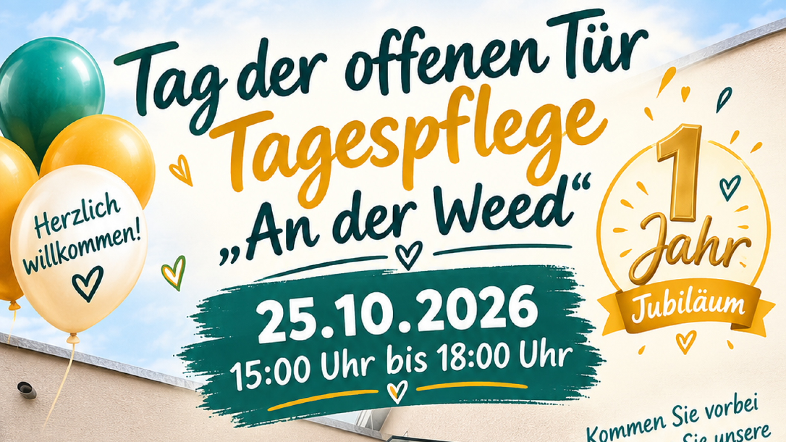 Einladungsplakat zum Tag der offenen Tür der Tagespflege 'An der Weed' am 25.10.2026.